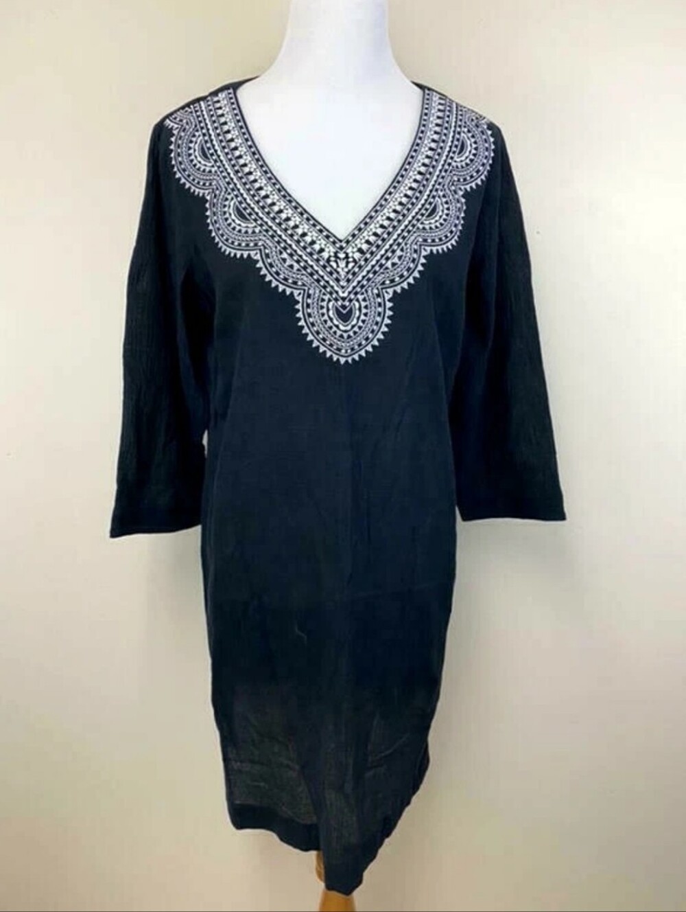 Lands' End Black Embroidered V-Neck Gauze Tunic Swimsuit Coverup